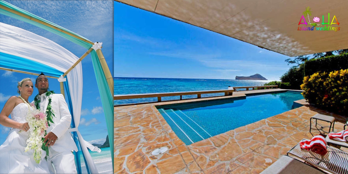 Bride and groom at the estate house with its infinity pool overlooking the ocean
